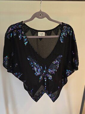 Free People Black Sequined Butterfly Top